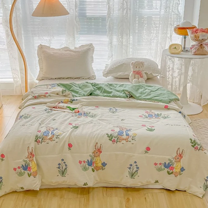 

Cute Summer Blanket Twill Quilt Air Conditioning Double Bed Cover Bedding Washable Light Comforter Cotton Linen Bedspread 200