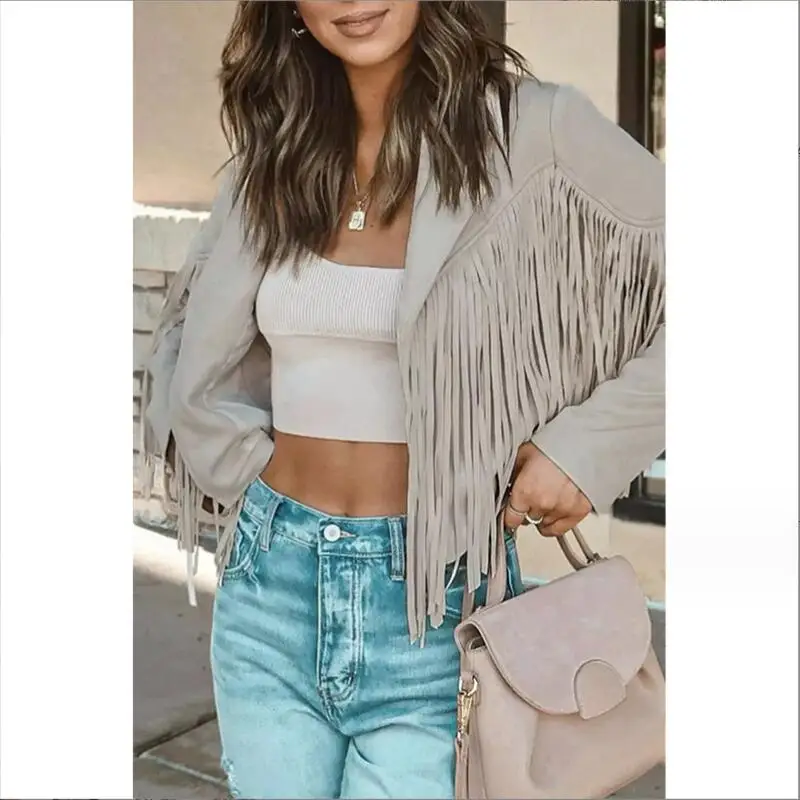 

Deer skin velvet Tassel Jacket Lapel Women 2023 Autumn Long Sleeve Loose Coat Women Fashion Casual PU Street Outerwear p1161