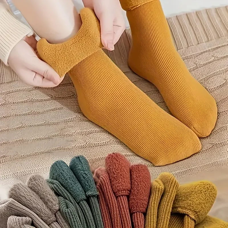 Warm Thick Snow Socks Mid Calf Length Pure Color Vertical Stripe