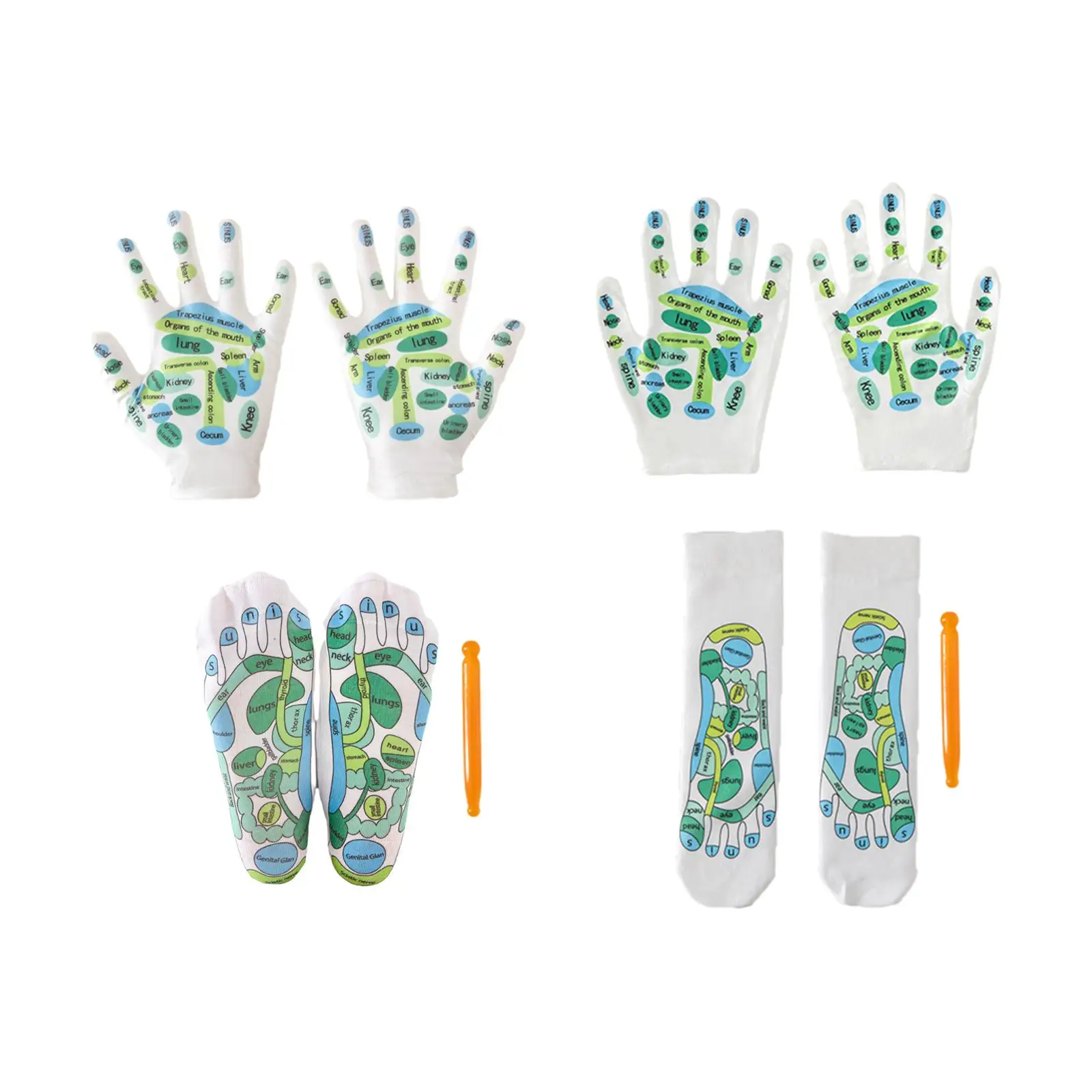 4Pcs Acupressure Reflexology Tools Set Acupoint Massage Tools Five Finger Socks Breathable Acupoint Schematic Socks for Beginner