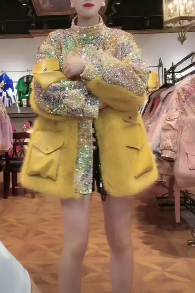 Fashionable Warm Fox Fur Jacket Sequined Woolen Cotton-Padded Coat for Women Winter Thickened Imitation Fur Socialite Fur Coat