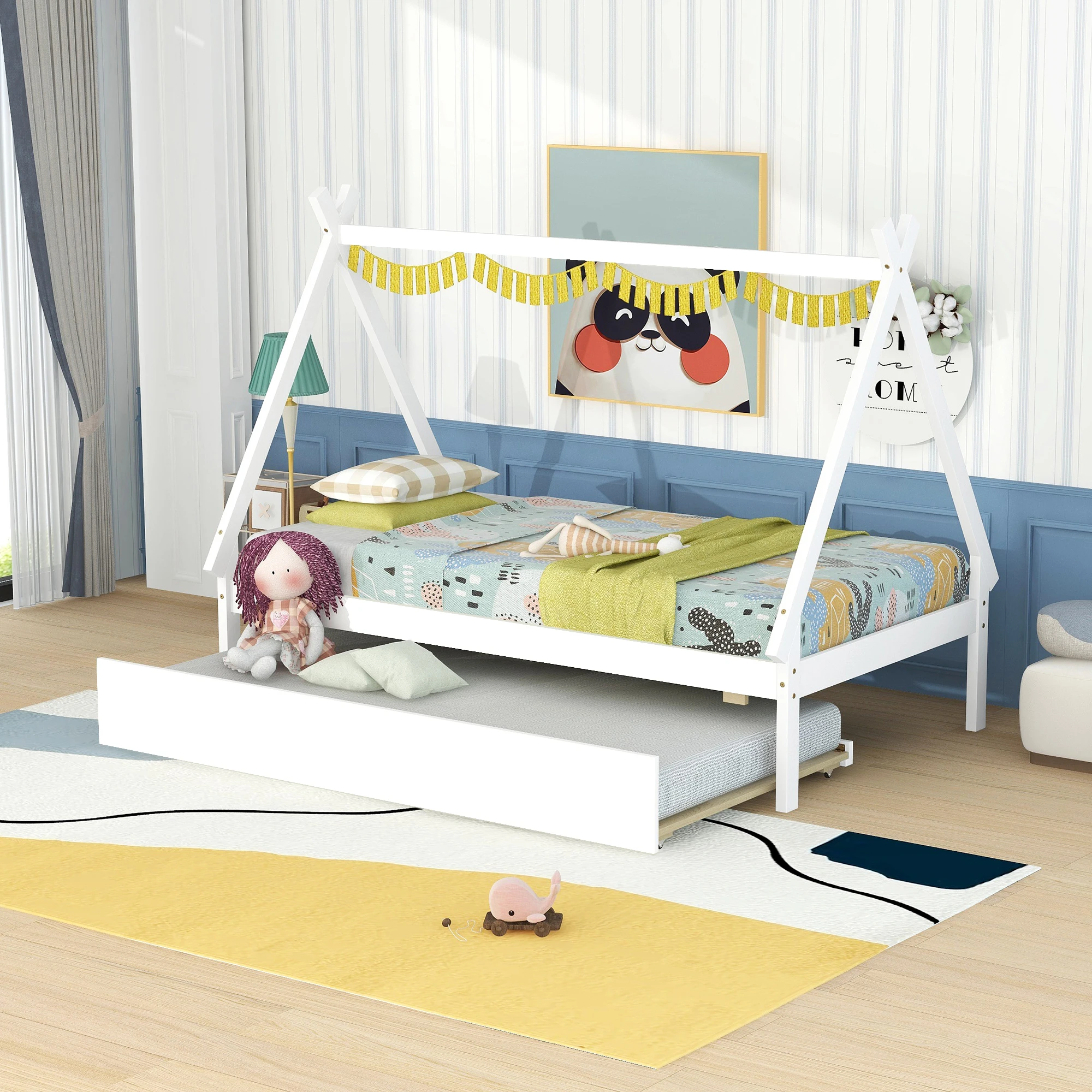 

Twin size Tent Floor Bed, Teepee Bed, with Trundle,White