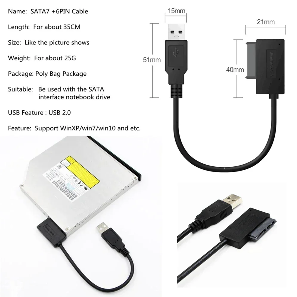 USB 2.0 to Mini Sata II 7+6 13Pin Adapter Converter Cable For Laptop CD/DVD ROM Slimline Drive Converter HDD Caddy
