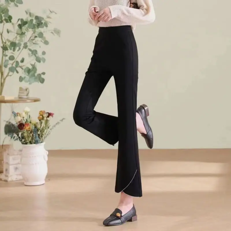 Autumn Winter New Solid Color High Waist Pearl Decoration Spliced Casual Flare Fashion Simplicity Slim Appear Thin Women's Pants