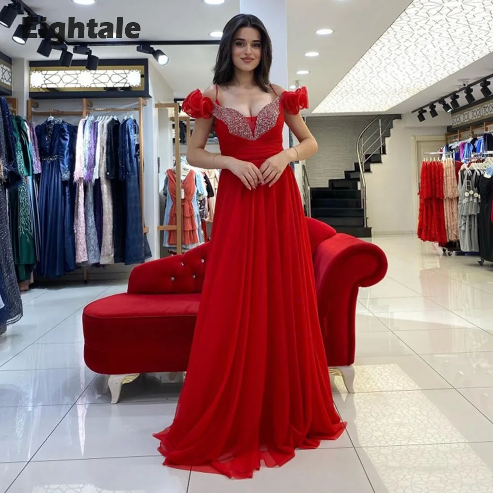 

Eightale Arabic Evening Dresses for Wedding Party V-Neck Chiffon Short Sleeves Red Beaded Formal Celebrity Prom Gowns