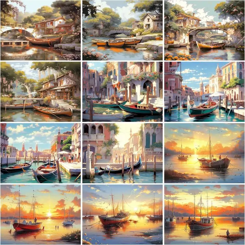 

CHENISTORY Oil Painting By Number Lake Boat Scenery For Adults Picture By Numbers Acrylic Paint Home Decoration DIY Frame Gift