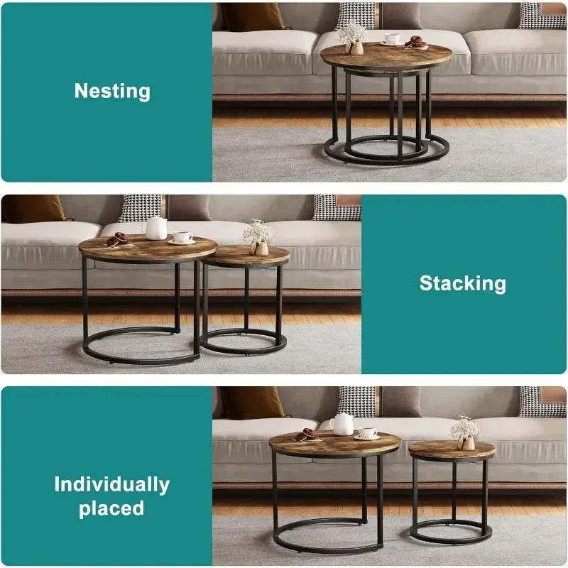 Nesting Coffee Table Set of 2, 23.6" Round Coffee Table Rustic Wood Top with Adjustable Non-Slip Feet, Industrial End Table 5