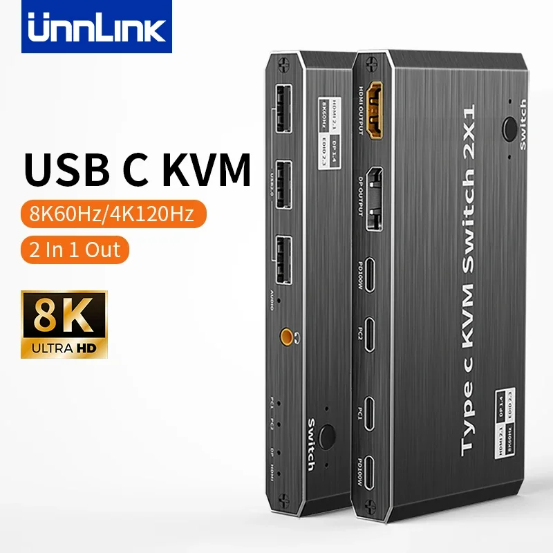 

Unnlink 8K 60Hz USB Type C KVM Switch 2x1 4K 120Hz Thunderbolt 3 Video Switcher for 2 Laptop Connect to 1 DP or HDMI Monitor