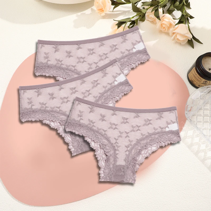 thumbnail image 1 of FINETOO-bragas de encaje de 3 piezas para mujer, ropa interior Sexy de perspectiva, Color sólido, lencería ahuecada, S-XL íntimos florales, 1 of 5