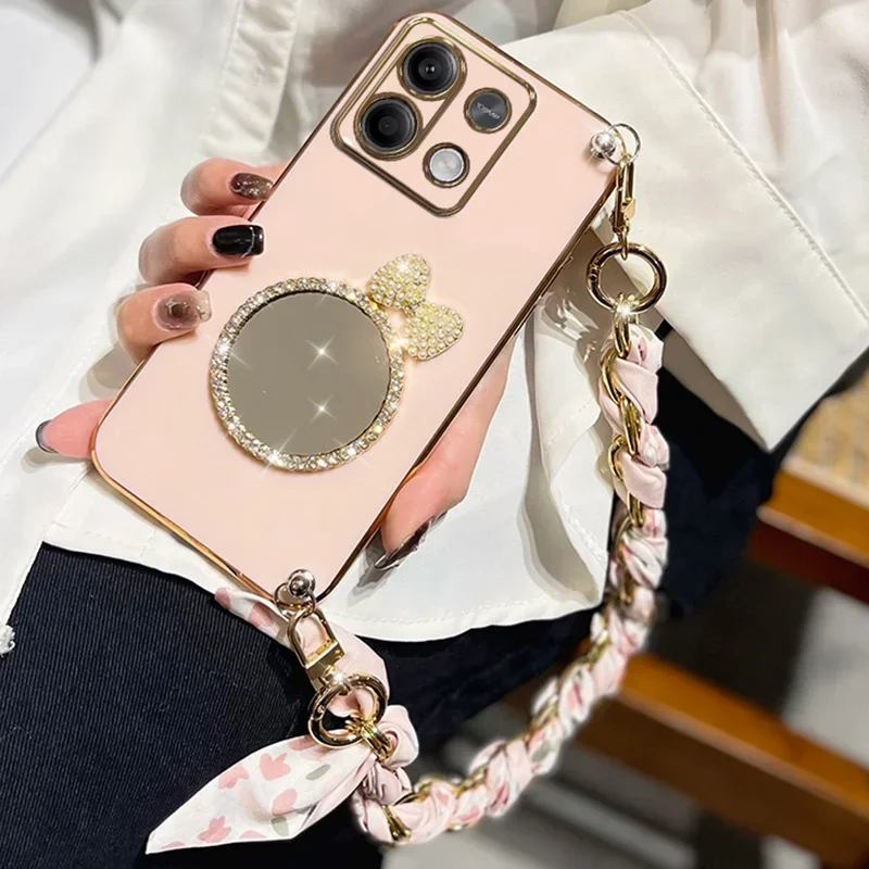 Silk Lanyard Armband Armband Fodral För Redmi Note 13 Plus 12 12S 12C 11 11S 10 10S 9 9S 9A 9C Pro Bow Mirror Plätering_voghion.com