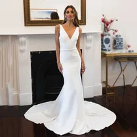 Civil Mermaid Wedding Dress Women Simple Brides Wedding Wear V-Neck Backless Long Train Bridal Gown Bride Dress Customized 1
