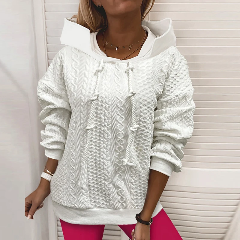 

Autumn Winter Casual Thickened Jacquard Hooded Top White Women's Drawstring Long Sleeve Loose Hoodie Simple Fashion Sweatshirt