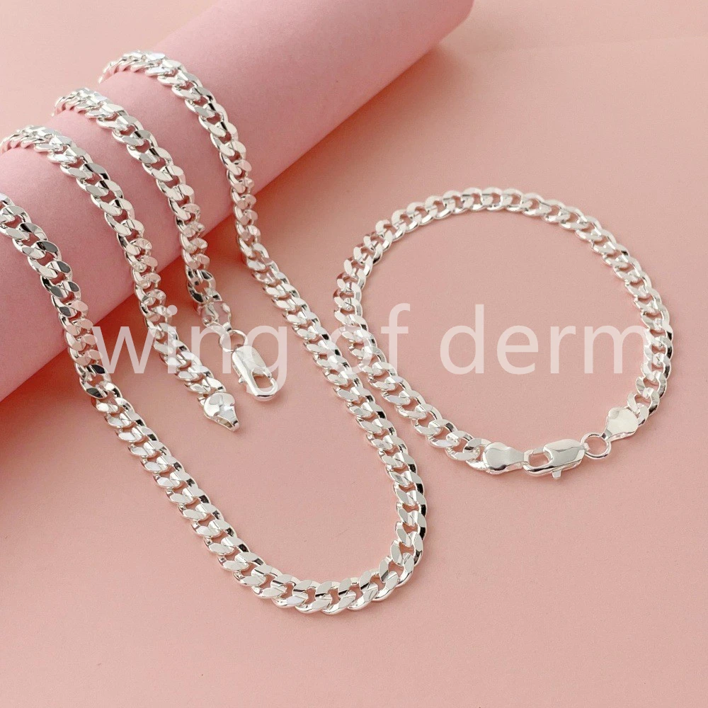 50-60cm 925 Sterling Silver 7mm Men's Cuban Sideways Necklace Bracelet Set Luxury Quality Jewelry Accessories