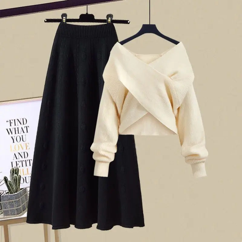 Autumn and Winter Women's Set 2024 New Lazy Knitted V-neck Sweater Slimming Half Skirt Two Piece Set Trendy 6