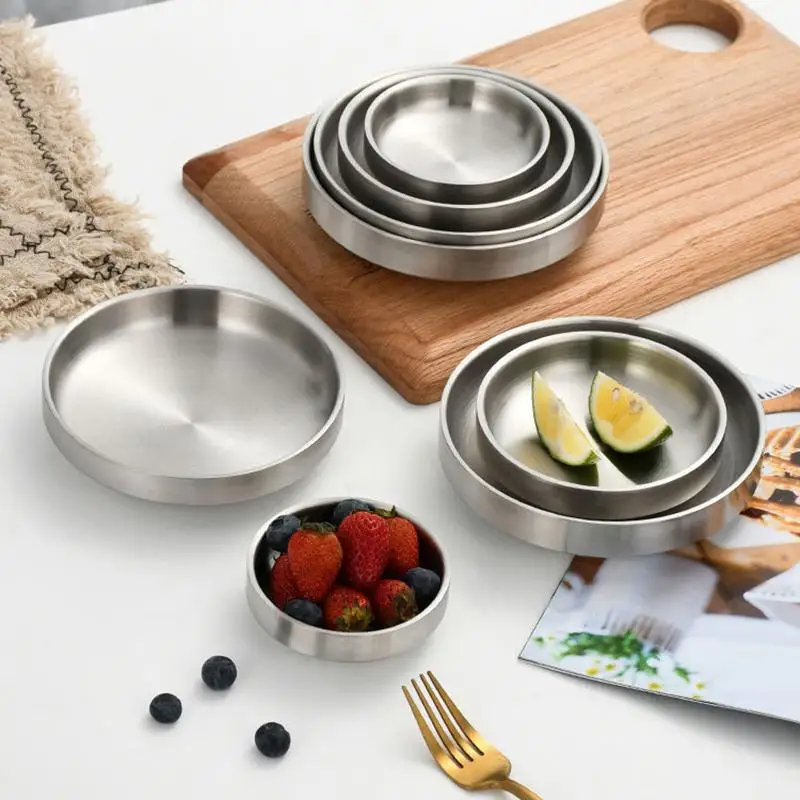Flat 201/304 Stainless Steel Dish Plate Cooking Noodles Bowl Thickened Dinner Plate Seasoning For Kitchen Restaurant Tableware