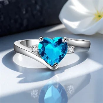 Aqua Blue Crystal Love Heart Stone Engagement Rings For Women Vintage Silver Color Wedding Bands Birthstone Jewelry Bridal Gifts