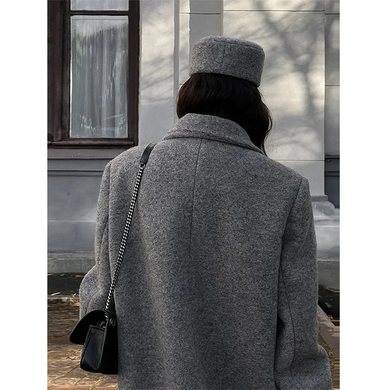 Fashion Woolen Long Coat Women Autumn Full Sleeve Button Fake Pocket Split Yellow Overcoat Elegant Oversize New in Outwear