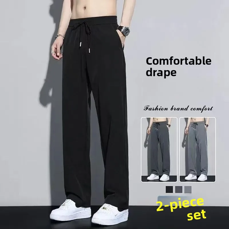 Ultra-Thin Ice Silk Casual Pants for Men Summer Loose Breathable Qui-Dry Elastic Waist Drape Straight Leg Pants Workwear - Image 5