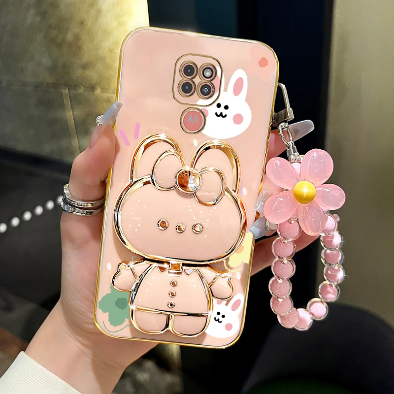 Elegant Flower Strap Makeup Mirror Rabbit Phone Holder Case - Stylish Stand Cover