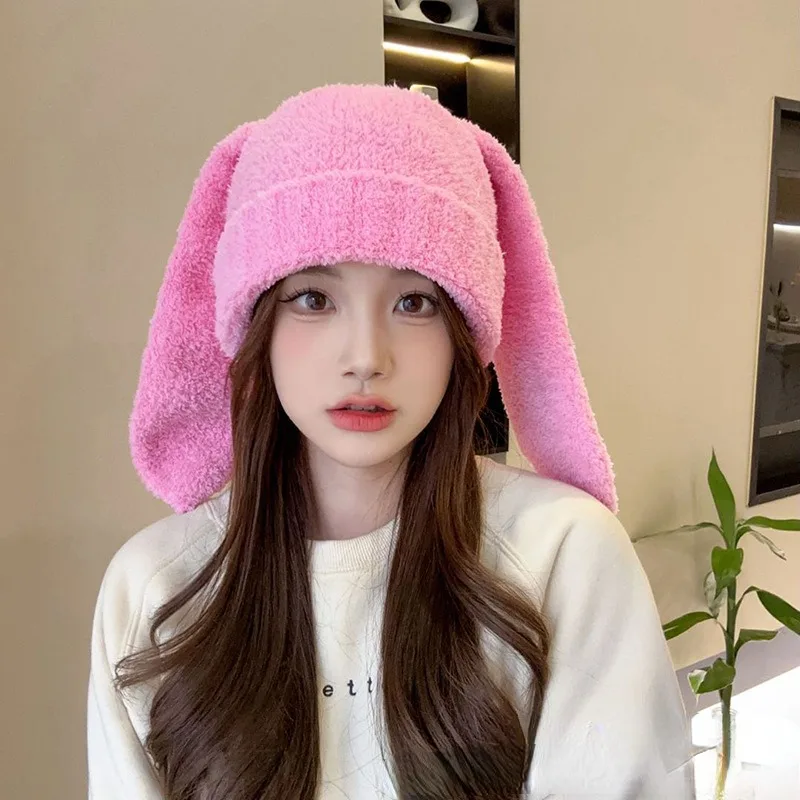

Japanese Long-eared Rabbit Knitted Hat Women Autumn Winter Versatile Acrylic Cap Warm Skin-friendly and Soft Skull Beanie Hats
