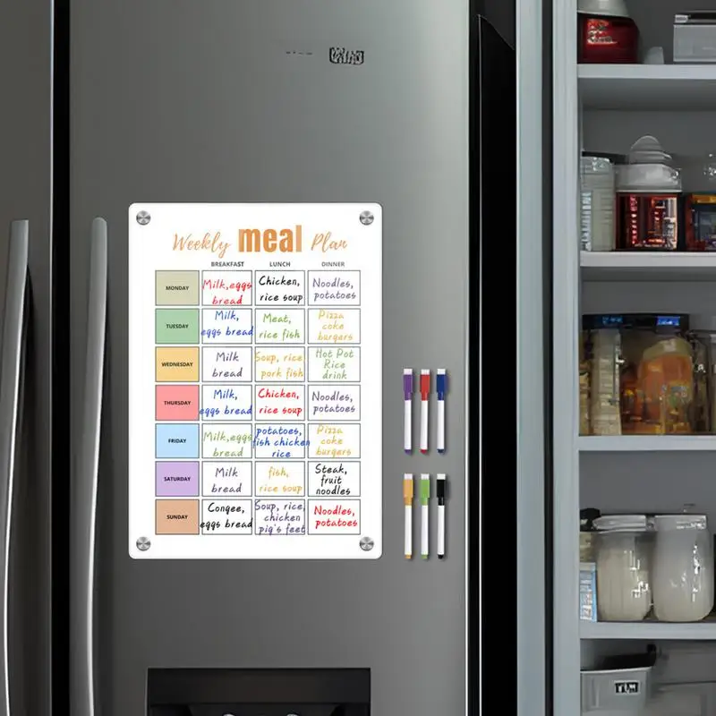 냉장고용 마그네틱 식사 플래너, 아크릴 화이트, 주간 식사 준비 플래너, 다채로운 펜 6 개, 지울 수 있는 식료품 목록 자석