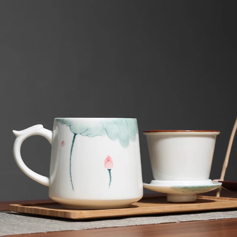 Chinese Style Ceramic Mugs, Home Personal Office Creative Teacup With Cover, Filtered Tea Water Separation, Tea Cups, 375ml, 1Pc
