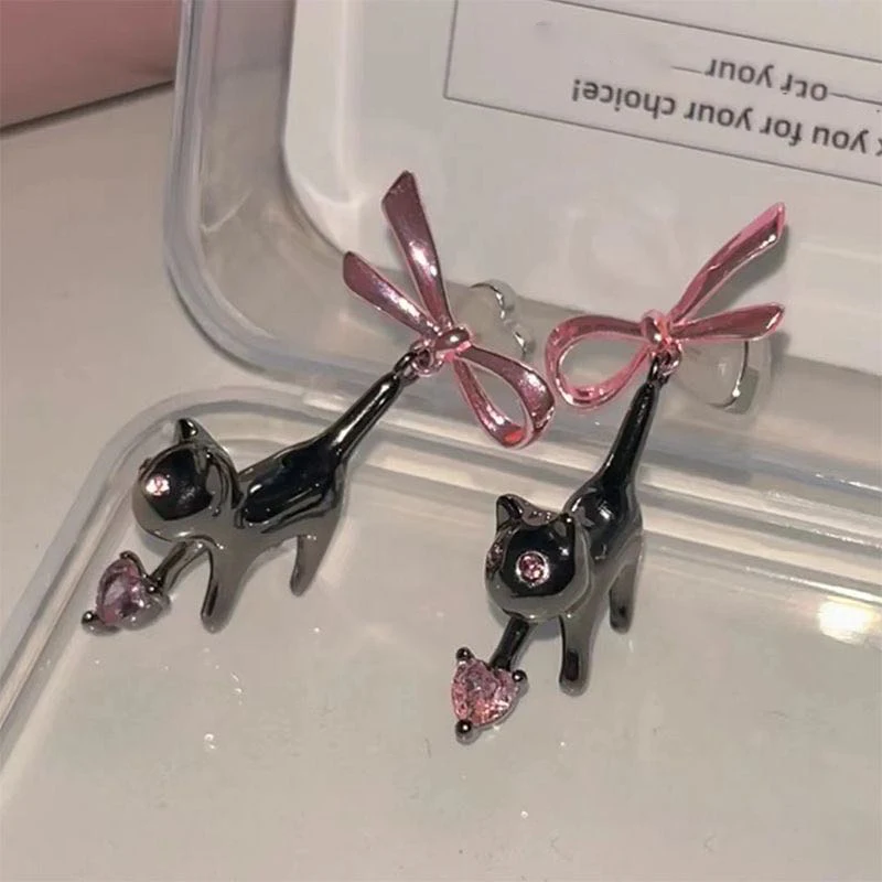 Black Cat Pink Heart Rhinestone Bow Drop Earrings for Women Sweet Creative Fun Y2k Aesthetics Dangle Earrings 2023 Trend Jewelry