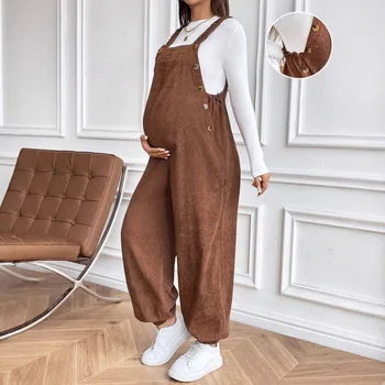 Maternity Pregnant Women Corduroy Overalls Solid Adjustable Waist Loose Jumpsuit Rompers Spring Autumn Casual Pregnancy Clothing