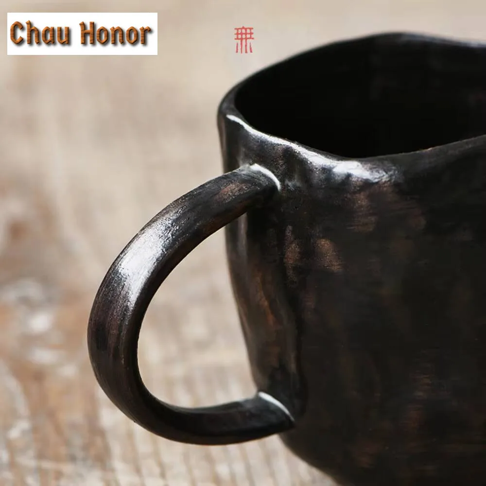 220ml Retro Balck Coarse Pottery Coffee Cup Office Water Cup Tea Mug Ceramic Coffee Mug Handmade Stoneware Drinkware Gift Box