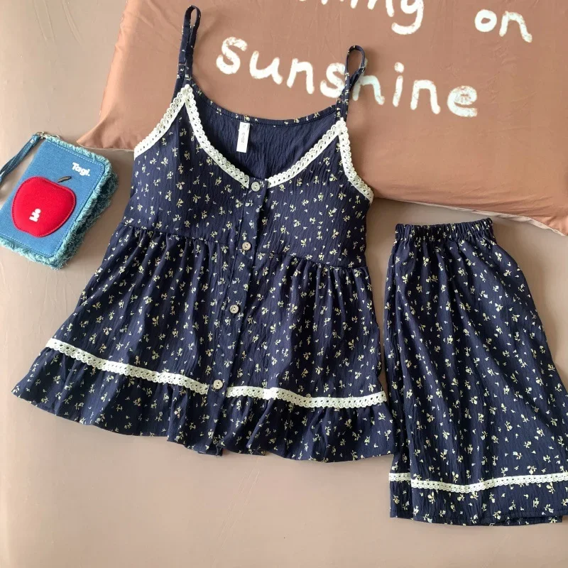 قميص نوم كوري عتيق مطبوع عليه زهور حلوة قميص نوم نسائي صيفي فضفاض مقاس كبير طقم ملابس منزلية برقبة على شكل حرف V بدون أكمام