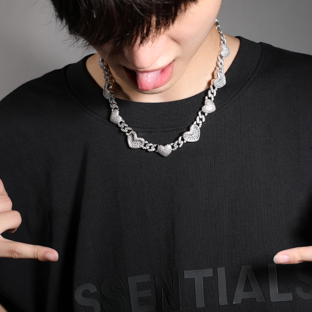 Uwin 9mm 2 Heart Cuban Chain Baguetter Full Paved Iced Out  Bling Cubic Zirconia Necklace Charm HipHop Jewelry Women Accessories