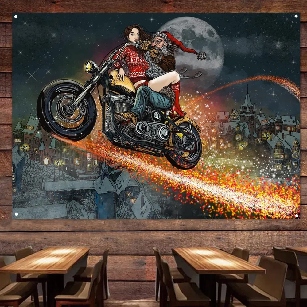 

Santa Claus Sexy Babes Wall Decor Banner Motorcycle Painting for Garage Gas Station Man Cave Auto Repair Shop Home Decor Poster