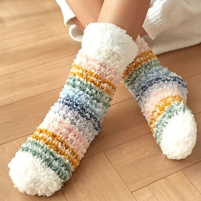 Thermal Sock Womens Plush Grip Stripe Winter Warm Soft Female Home Indoor Silicone Non slip Thick Slipper Floor fluffy Sock