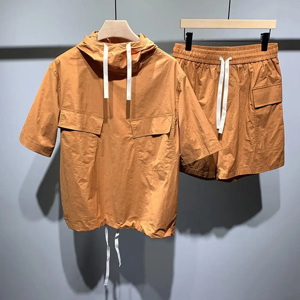 

Men Two-piece Set Men's Hooded Drawstring Top Wide Leg Shorts Set For Summer Outfit Elastic Waist Cargo Outfit With Short Sleeve