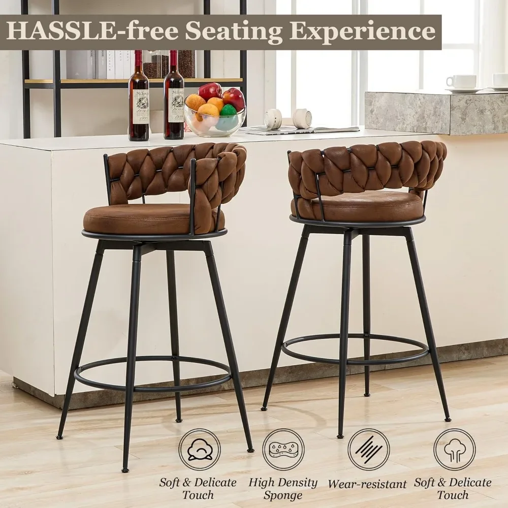Swivel Bar Stools, Modern Counter Height Bar Stools with Woven Back, Upholstered Suede Tall Barstools for Kitchen Island