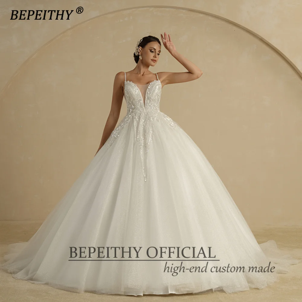 BEPEITHY Customized Luxury Wedding Dresses For Women Spaghetti Straps V Neck Court Train Glitter Bride Beading Bridal Ball Gown 3