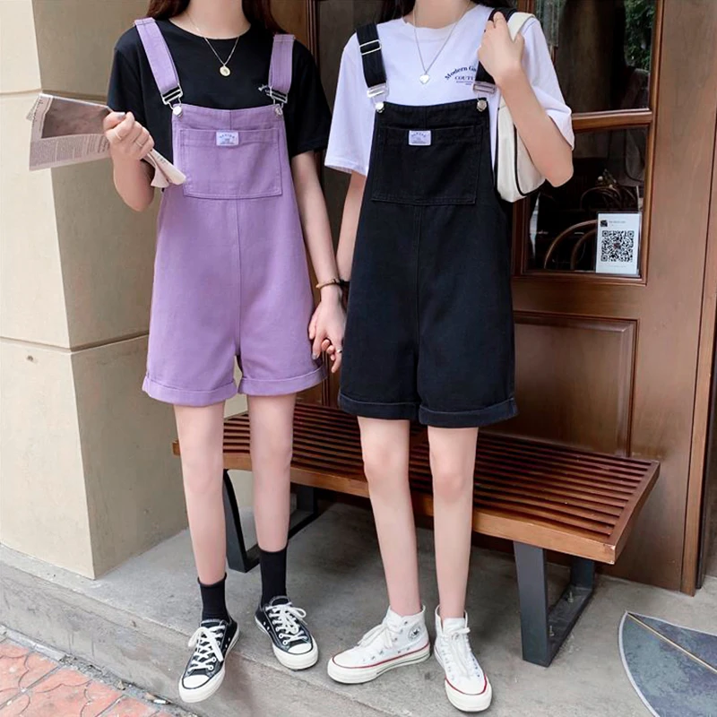 Loose Black Denim Jumpsuit Overall for Women 2022 Korean Style Romper Shorts Casual Purple Playsuits Baggy Pants Female Clothing half denim overall shorts women 2023 summer new korean style large size straps loose thin wide leg jumpsuit rompers fashion