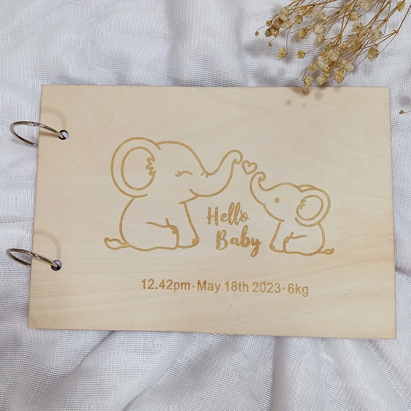 Personalized Baby Shower Guestbook Cute Elephant Wooden Guest Book DIY Cartoon Album Baptism Event & Party Decor Baby Gifts