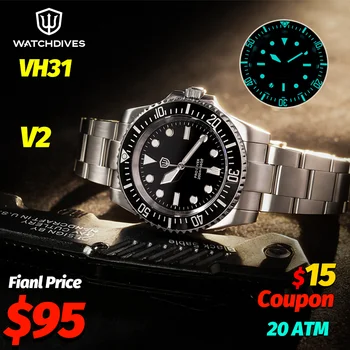 Watchdives WD1680Q V2 Orologio da uomo VH31 Sweep Second Movimento al quarzo AR Zaffiro luminoso BGW9 20Bar Orologi da polso in acciaio impermeabili