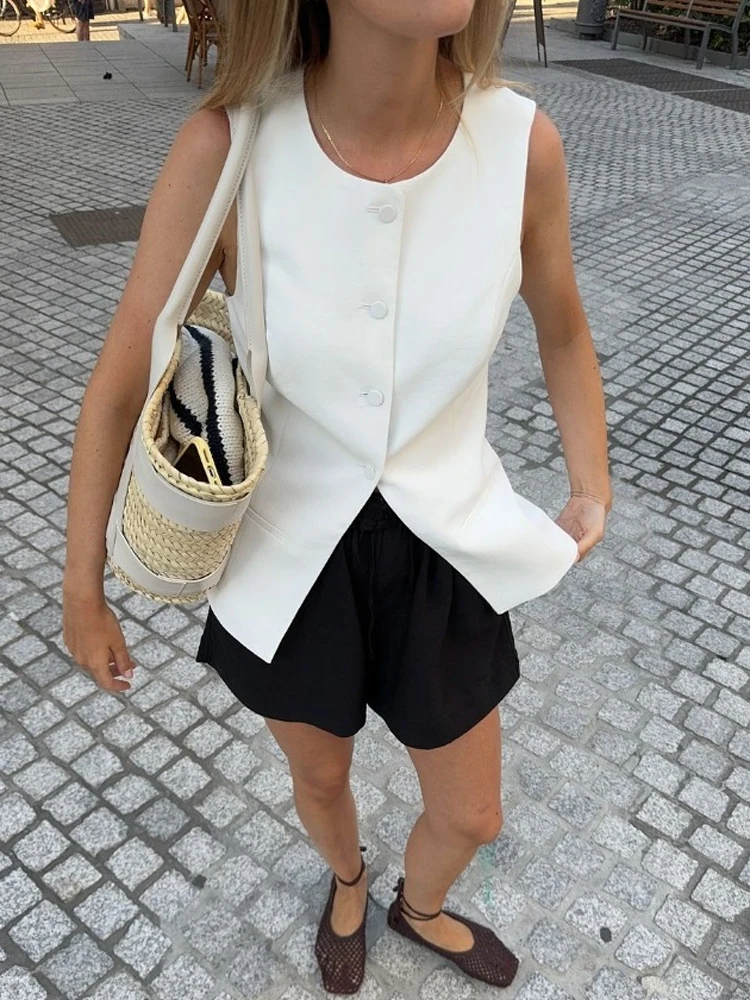 White High Waist Pocket Vests Top Women's Sleeveless Slim Patchwork Fashion Solid Streetwear Female Y2k Vests Top Autumn
