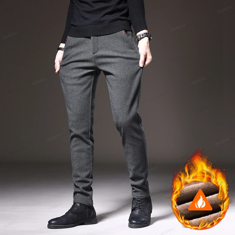 Winter Fleece Warm Men's Brushed Fabric Casual Pants Outdoors Business Thick Velvet Cotton Flocking PlushTrousers Male 28-38 2