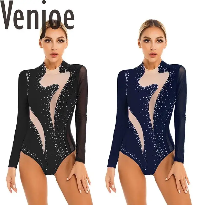 

Womens Ballet Dance Leotard Sparkle Rhinestone Sheer Mesh Long Sleeve Rhythmic Bodysuit Gymnastics Acrobatics Dance Jumpsuit