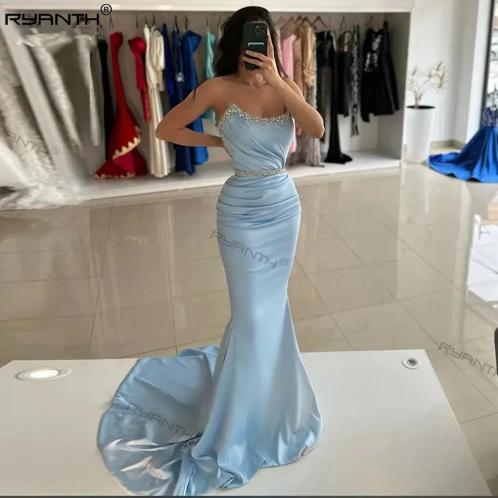 

Ryanth Sky Blue Mermaid Evening Dresses Beading Crystal Prom Gowns Elegant Satin Formal Party Dresses 2024