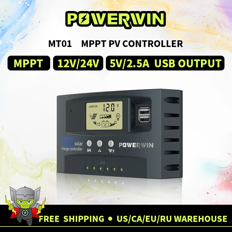 Powerwin-micro Mppt Controlador Solar Mt01 30a 50a 12 v 24v Auto Tensão de Energia Dual Usb Display Lcd para Bateria Lifepo4