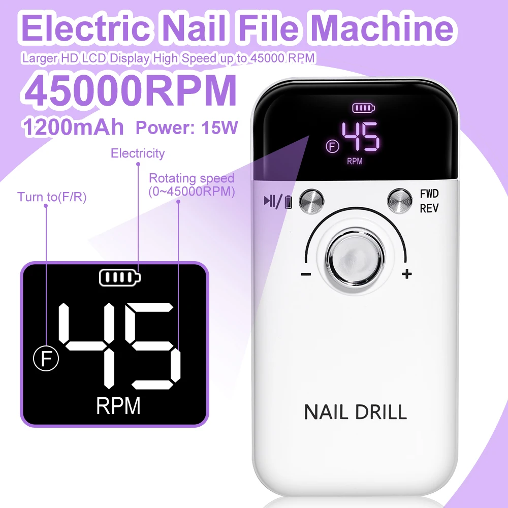 Nail Drill 45000 RPM Rechargeable Nails Electric File Acrylic Gel Removing Polishing Gel Home/Salon Manicure Pedicure