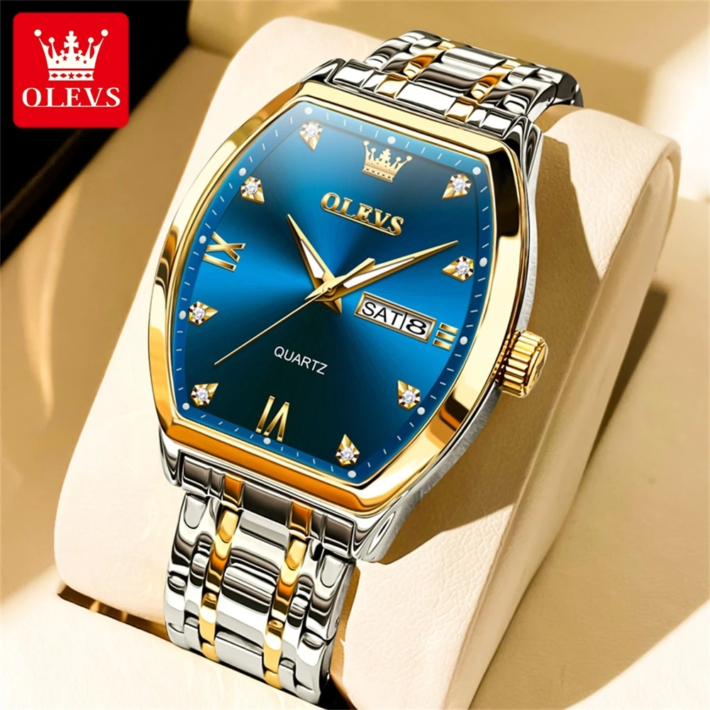 OLEVS Brand New Fashion Tonneau Dial Quartz Watch Men Stainless Steel Waterproof Week Date Mens Watches Top  Luxury Wristwatches