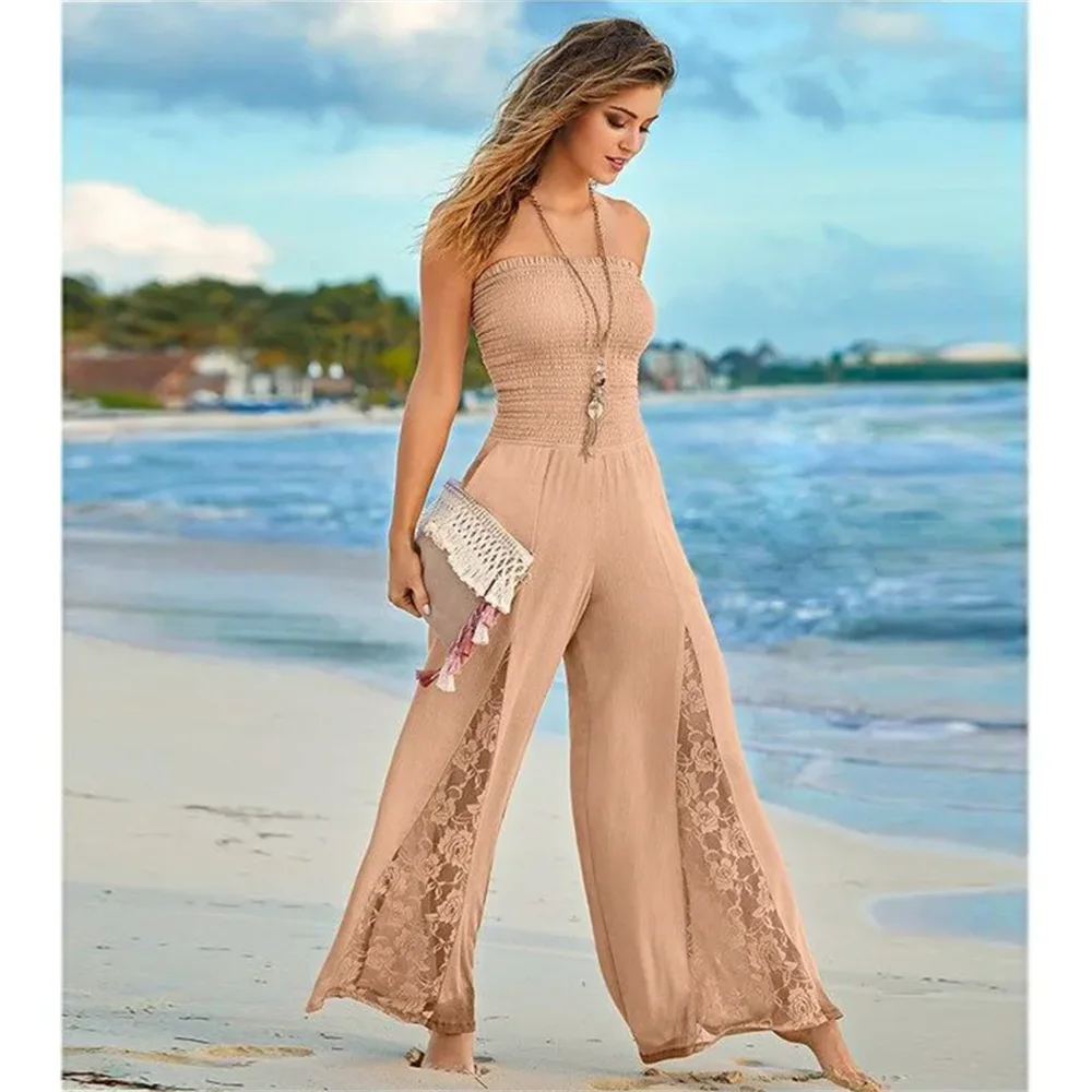 

Simple Strapless Beach Lace Chiffon Cheap Formal Party Gowns Women Jumpsuits Prom Party Dresses Pants Suits Dresses Evening Wear