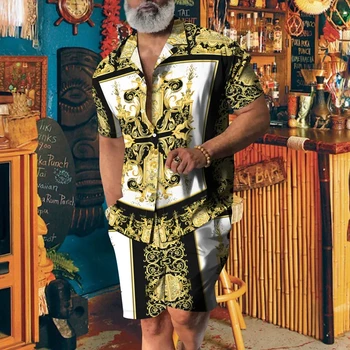 Fashionable printed shirt paired with 3D printed beach shorts, luxurious 2-piece Hawaiian vacation streetwear for men's clothing 1