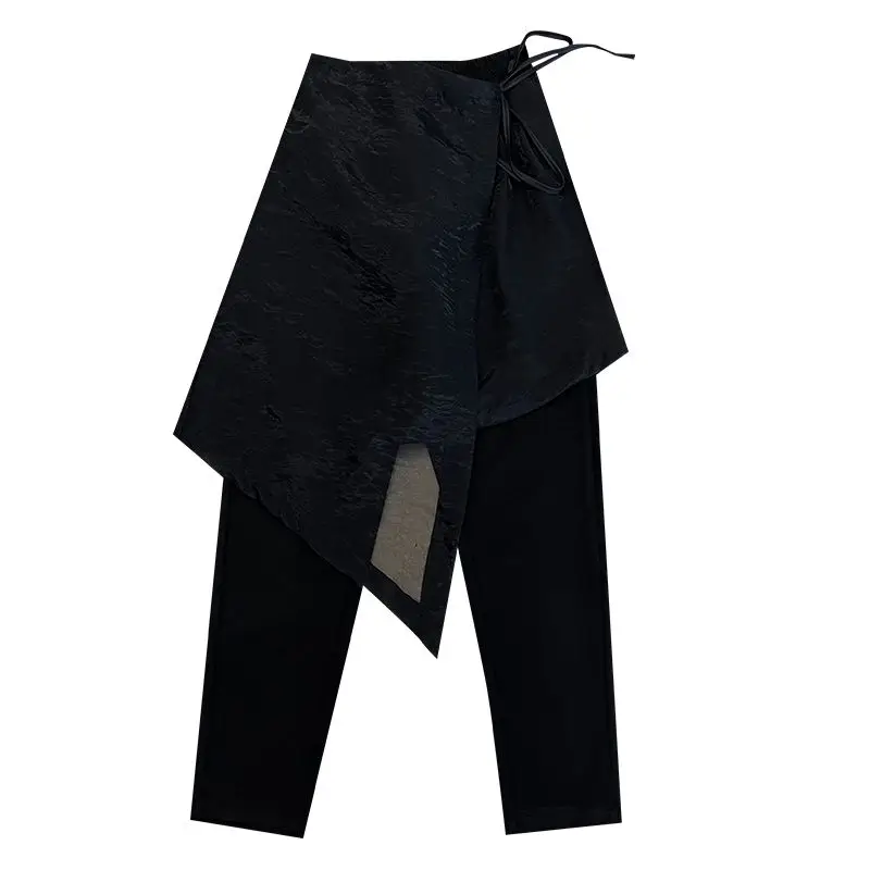 Women 2024 Spring Summer New Fashion Shimmery High Waist Solid Irregular Spliced Gauze Fake Two Piece Slim Straight Skirt Pants