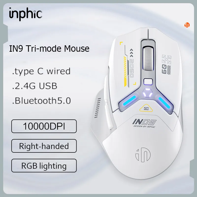 Перезаряжаемая Беспроводная игровая мышь INPHIC IN9 с RGB подсветкой, 10000DPI, 6 кнопок, программируемая, три режима